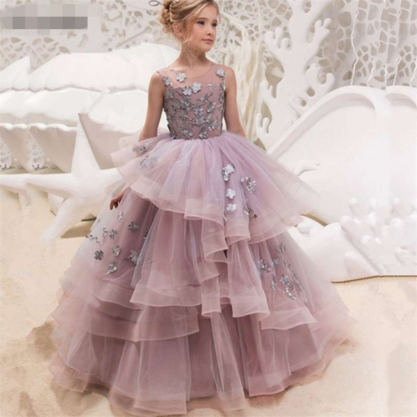 New Flower Girl Dresses Blush Pink First Communion Gowns For Girls Ball Gown Cloud Beaded Pageant Gowns Vestido De Daminha