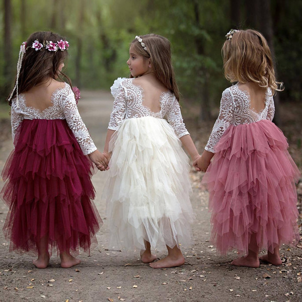 new Beach Sweety Flower Girls' Dresses A Line Backless tea Length tulle custom made long sleeve princess dress Wedding for girls