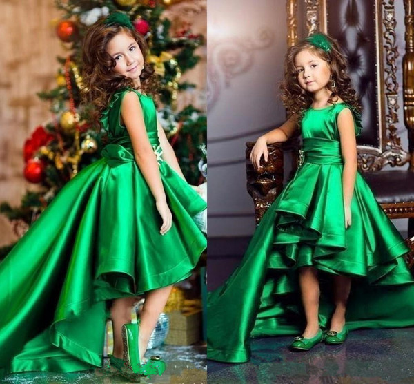 new chic green Flower Girls dresse A Line jewel Backless Sleeveless high low stain Peplum long train custom made Wedding gown for girls