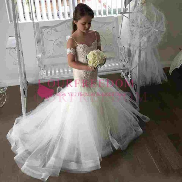 Lovely Mermaid Tulle Flower Girl Dresses Spaghetti Strap Lace Button Back Kids Pageant Dresses Robe Custom Made