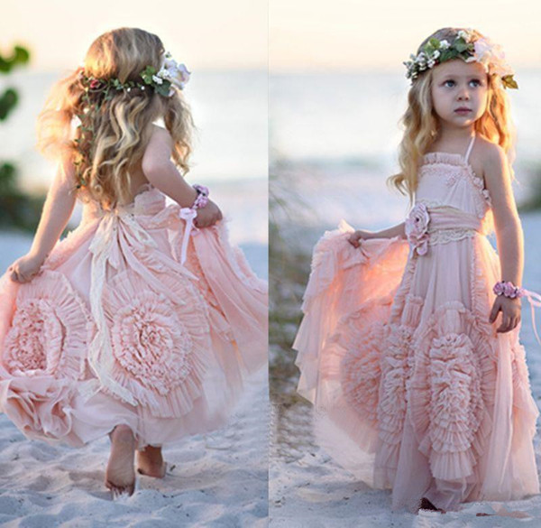 new Beach Sweety Pink Flower Girls A Line Halter Backless Sleeveless Floor Length Chiffon Peplum Applique custom made Wedding for girls