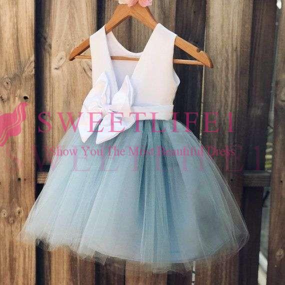 Cute Light Sky Blue Flower Girls Dresses White Backless A Line Short Mini First Communion Dresses Grls Pageant Gown Custom Made Hot