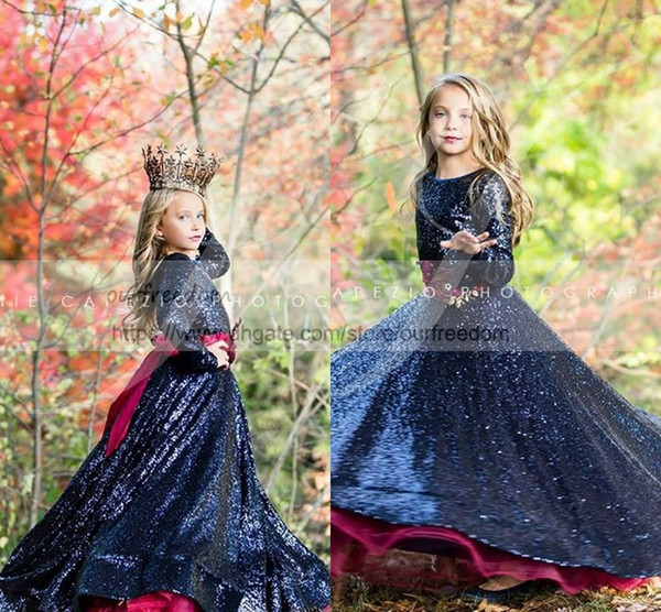 Cute Navy Blue Sequins Long Sleeve Flower Girls Dresses A Line Burgundy Tulle Kids Pageant Gown First Communion Dresses Custom Made Hot