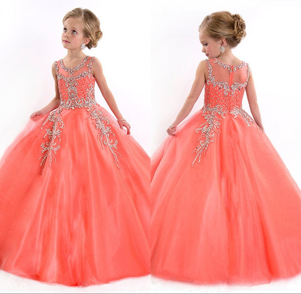 New Little Girls Pageant Dresses Princess Tulle Sheer Jewel Crystal Beading White Coral Kids Flower Girls Dress Birthday Gowns