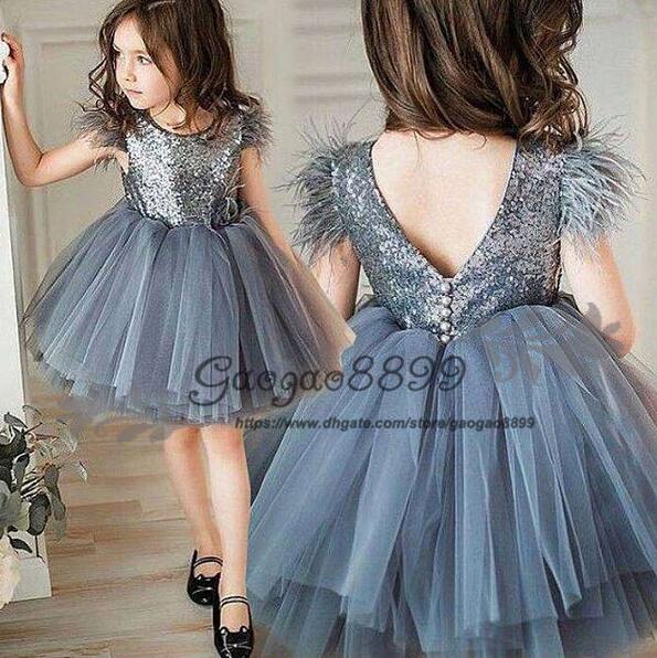 Spring Flower Girl Dresses Vintage sequined feather tutu skirts Baby Girl Birthday Party Communion Dresses Children Girl Party Dresses