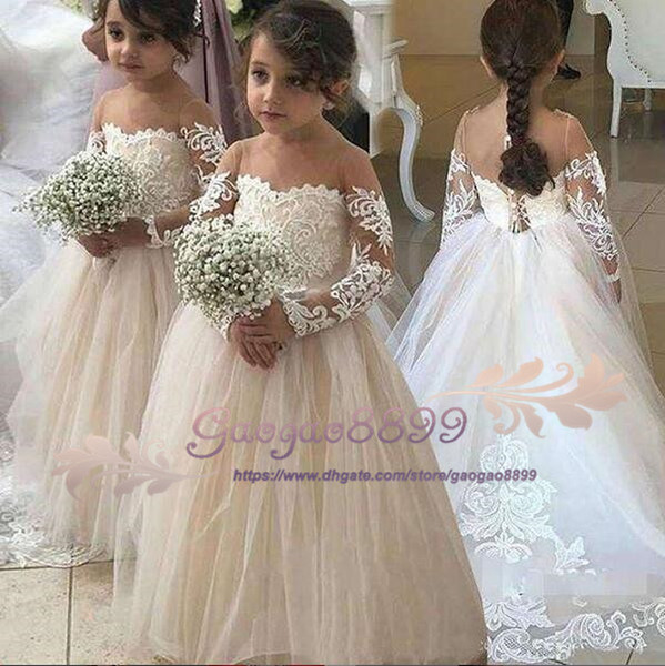 Latest Cute Jewel Flower Girl Birthday Dresses Ball Gown Sheer Neck Long Sleeve With Lace Applique Kids Girls cheap Pageant Dresses