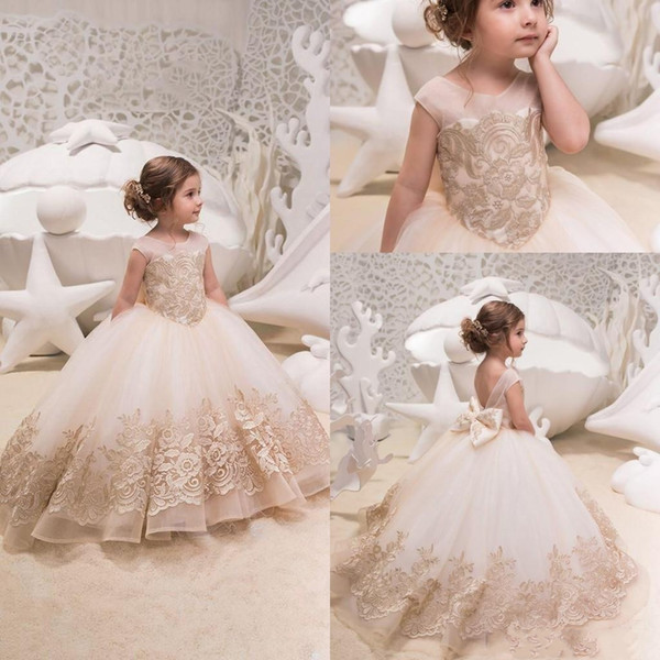 Flower Girl Dresses for Wedding Lace Applique Ruched Bow Sash Low Back Floor Length Kids Birthday Party Pageant Dresses