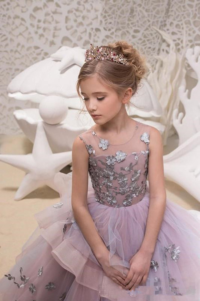 Lovely Tulle Girl's Pageant Dresses Lace Applique Ball Gown Flower Girls Dress Jewel Neck Sleeveless Kids Formal Wear