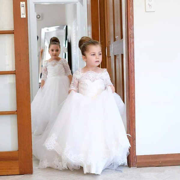 Modest bateau neck lace half sleeves little girls wedding dresses sweep train applique tulle flower girl dress