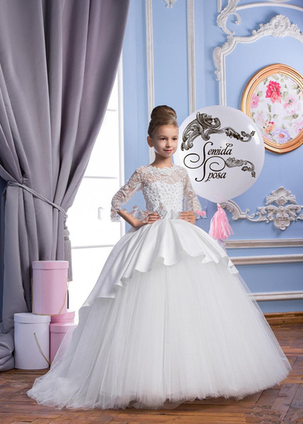 Lace Pearls Arabic Flower Girl Dresses Lace Sleeves Satin&Tulle Child Wedding Dresses Vintage Little Girl Pageant Dresses