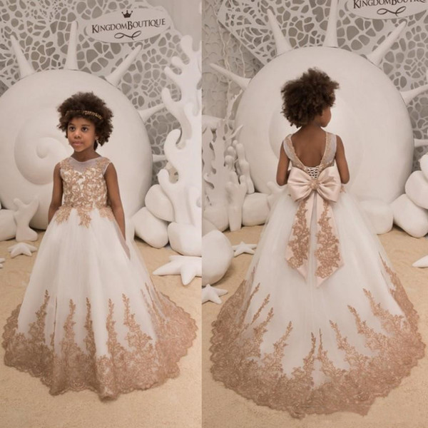 Lovely Gold Appliques Flower Girl Dresses Kids Toddler Formal Birthday Communion Gowns Big Bow Sash Back Floor Length