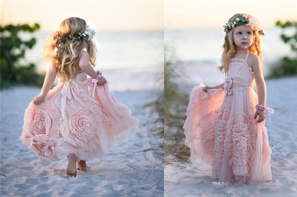 Cheap Pink Flower Girls' Dresses For Wedding Lace Applique Ruffles Kids Formal Wear Sleeveless Long Beach Girl's Pageant Gowns