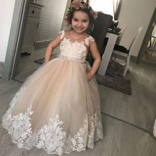 Champagne ball gown Flower Girl Dresses for Country Weddings Party vintage lace appliques long Baby Toddler Birthday Formal Dresses