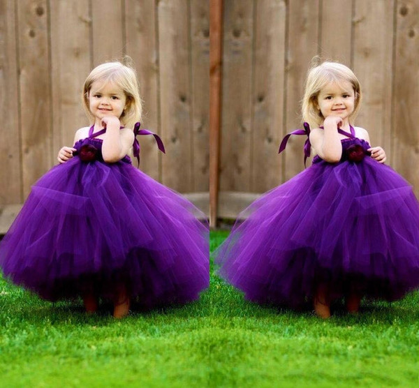 Purple Flower Girl Dresses for Wedding A Line Halter with Flower Sleeveless Zipper Back Floor Length Soft Tulle Kid Dresses