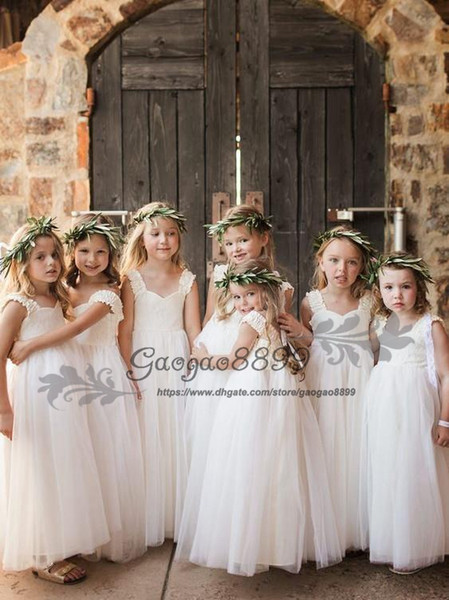 Beautiful Tulle V-neck Neckline Floor-length A-line Flower Girl Dresses for wedding empire princess Kids Communion Dress Birthday Wear Gowns