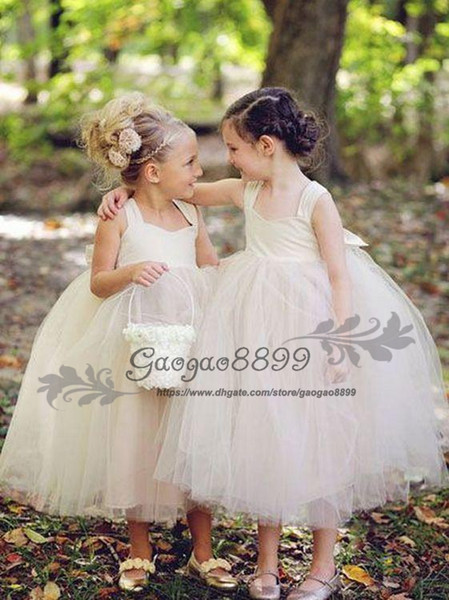 Attractive Tulle Square Neckline Tea-length Ball Gown Flower Girl Dresses for wedding with bow Kids Communion Dress Birthday Wear Gowns