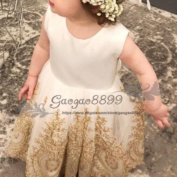 Marvelous white satin Gold appliques jewel neckline floor length flower girl dresses for wedding first Communion Dress Birthday Wear