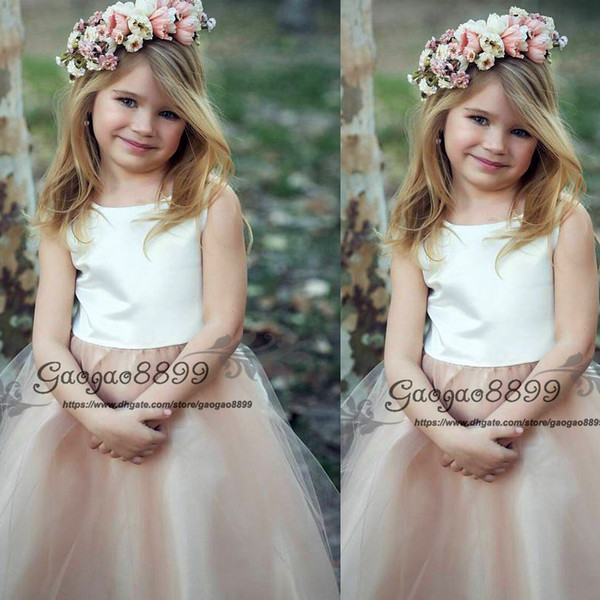 white Champagne Long ankle Length Flower Girls Dresses For Weddings Cute bow A Line jewel neck Custom Made Cheap First Communion Gowns