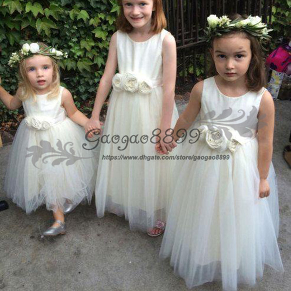 Marvelous tulle satin jewel neckline ankle length kid flower girl wedding dresses handmade flowers princess Communion Dress Birthday Wear