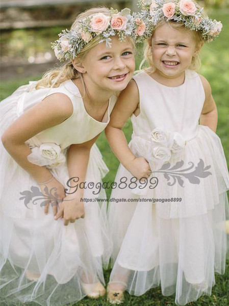 Outstanding Tulle Jewel Neck Ankle length A-line Flower Girl Dresses for wedding lovely handmade flower Kids Toddler First Communion gown