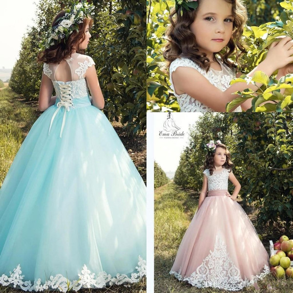 Sweety Ball Gowns Flower Girl Dresses Jewel Open Back Tulle Floor Length with Lace Appliques Child Birthday Gowns Cheap DTJ