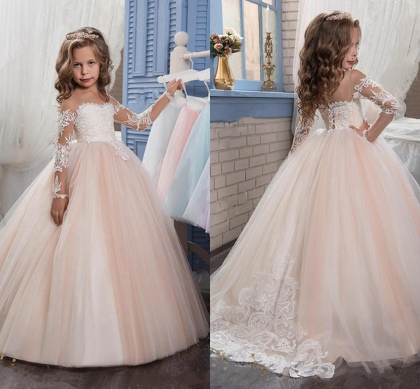 Sweet Arabic Blush Pink Flower Girls Dresses For Weddings Sheer Neck Long Sleeves Lace Ball Gown Birthday Girl Communion Pageant Gown