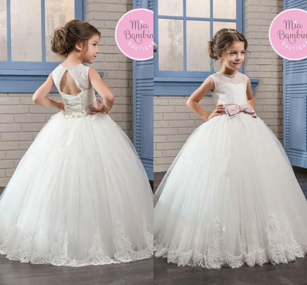 Princess Simple Flower Girl Dresses fpr Wedding Crew Sheer Neck Open Back Corset Tulle Lace Appliqued First Communion Gowns Custom