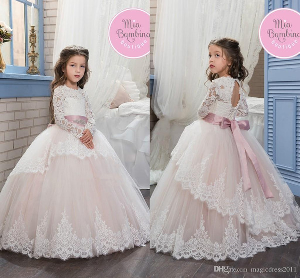 Cute Flower Girl's Dresses Long Sleeve Jewel Neck Lace Open Back Lace Up Ball Gown Tulle First Communion Dresses Kid's Formal Wear