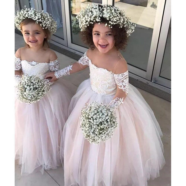 Lovely long sleeves ball gown Flower Girls Dresses princess For Weddings Ivory lace sheer Jewel Birthday Girl Communion Pageant Gown