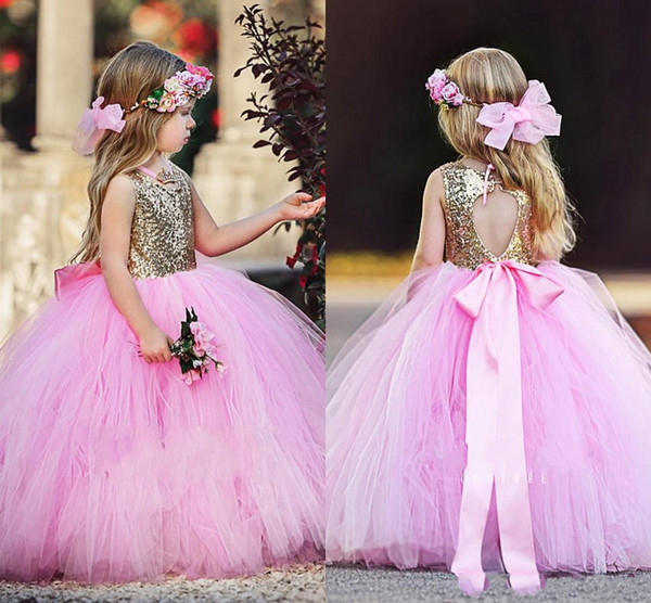 Sweety Gold Sequin Pink Skirt Flower Girls Dresses Ball Gown Tulle Open Back with Bow Sash Dresses For First Communion Birthday Dress DTJ