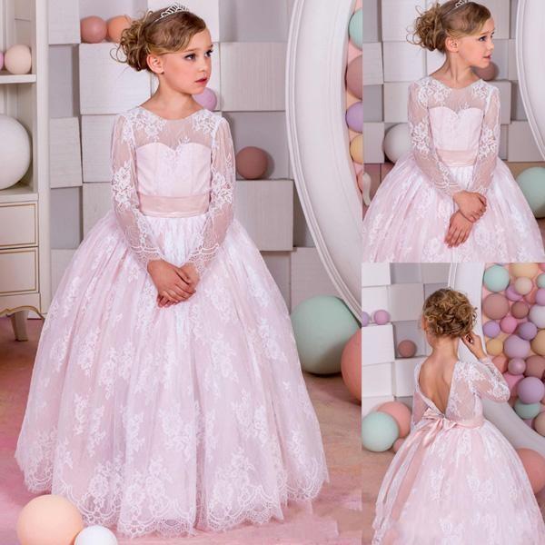 Lovely Full Lace Flower Girls Dresses A Line Jewel Long Sleeve Floor Length with Sash Dresses For First Communion Birthday Dress DTJ