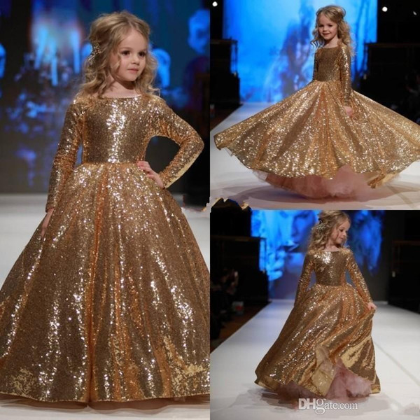 Gold Sequin Ball Gown Flower Girls Dresses Long Sleeve Pageant Gowns for Kids Blingbling Wedding Party Ball Gowns DTJ