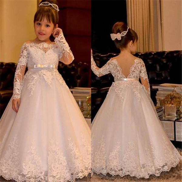 Sweet A Line Flower Girls Dresses with bow for Wedding Bateau Neck Long Sleeves with Lace Birthday Girl Communion Pageant Gowns