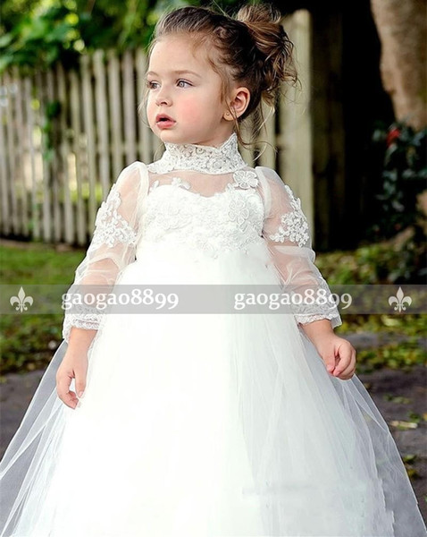 Princess Ball Gown Flower Girl Dresses High Neck Long sleeve Illusion Lace Appliques Tulle Tiered Skirts Communion Dresses