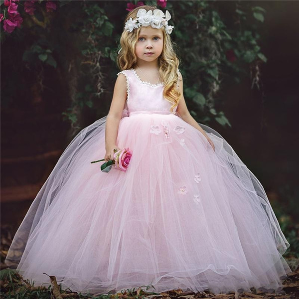 Sweety Blush Pink princess Ball Gown Flower Girls Dresses Lace Floor Length Kids Pageant Gowns Little Girl Birthday Party Dresses