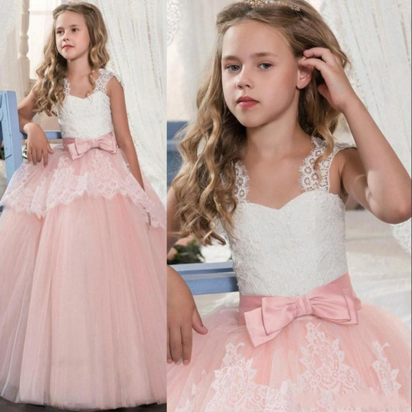 2019 Princess White Lace Pink Flower Girl Dresses Lovely Ball Gown Party Wedding Girls Dresses with Bow Sash MC1791