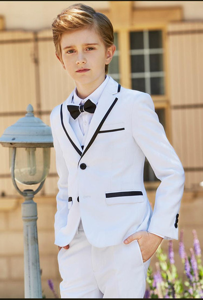 New Fashion White Boy Formal Wear Notch Lapel Boy Kid Attire Clothes For Wedding Birthday Party (Jacket+Pants+Bow+Vest)