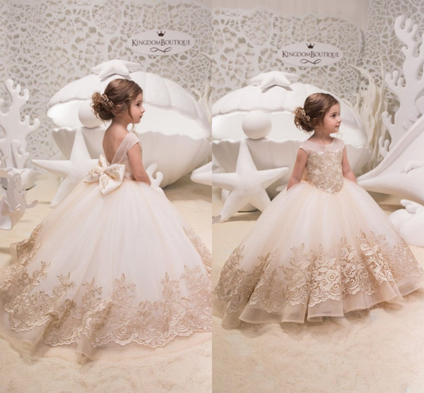 Backless Lace Ball Gown Flower Girls Dresses Champagne Applique Floor Length Kids Pageant Gowns Little Girl Birthday Party Dresses