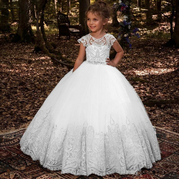 Ball Gown Flower Girl Dresses Beads Sash Lace Appliques Capped Girls Pageant Dresses Kids Formal Wear BC1831