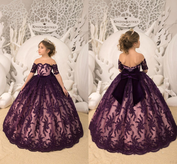 Princess New Grape Crew Neck Short Sleeves Flower Girl Dresses Lace Appliques Ball Gown Tulle First Communion Pageant Gowns BC1393