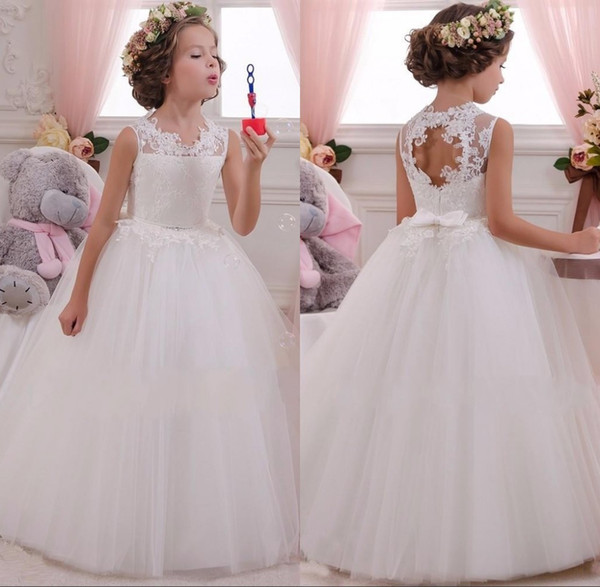 Lovely Jewel Neck Tulle Flower Girl Dresses Lace Appliques Sleeveless Girls Pageant Dresses Kids Formal Wear for Wedding