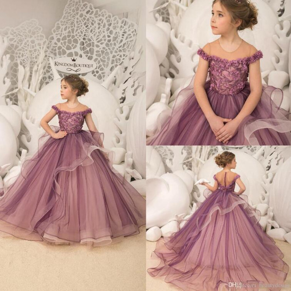 Grape Lovely Flower Girl Dresses Lace Appliques Beads Tulle Kids Formal Wear Princess Teens Pageant Party Dress First Communion Gowns