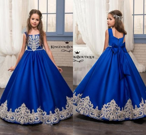 Royal Blue Flower Girl Dresses 2022Appliqued Cotton Kids Evening Prom Gowns Pageant Birthday Communion Dress MC1626