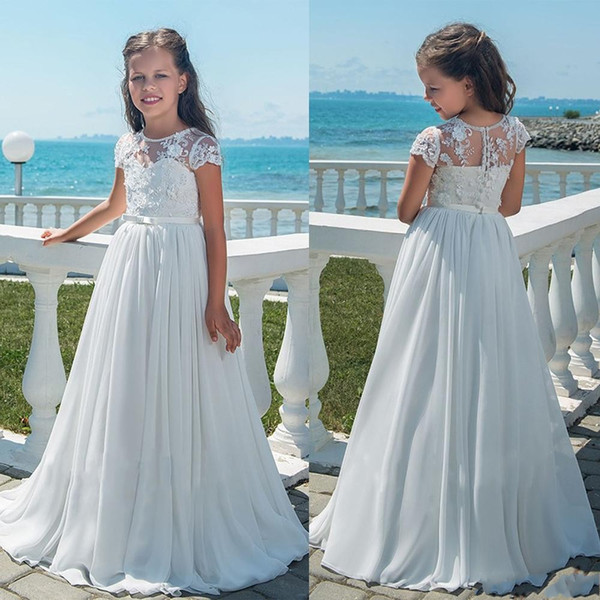 Girls Long Chiffon Flower Girl Dresses Bridesmaid Party Pageant Dresses A-Line Lace Girls Pageant Gowns White First Communion Dress