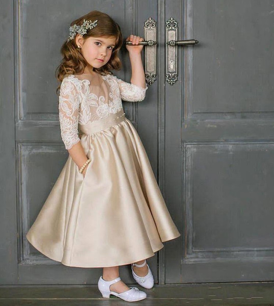 Cute Champagne Ankle Length Flower Girl Dresses Lace Appliques Half Sleeve Girls Pageant Dresses Kids Formal Wear