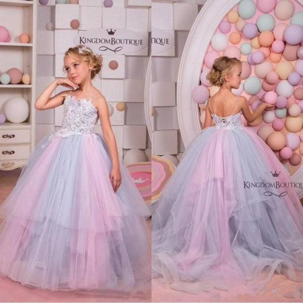 Modern Princess Half Sleeve V Back Lace Crystal Flower Dresses Blue Custom Made Girls Kids Party Gowns First Communion Dress BC1825