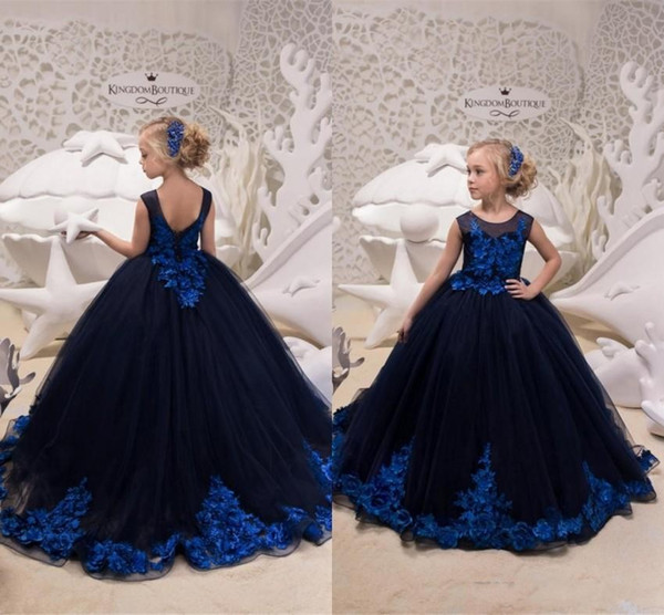 Adorable Dark Navy Ball Gown Flower Girl Dresses Royal Blue Lace Floral Appliques Girls Pageant Dresses BC0307