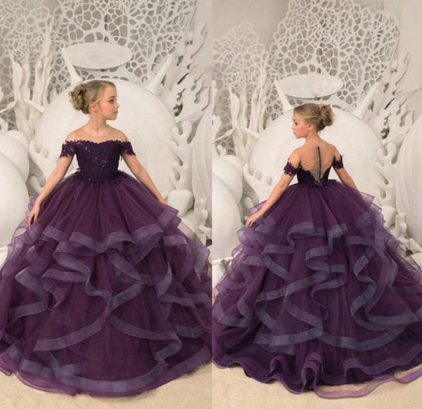 Princess New Grape Flower Girl Dresses For Weddings Tiered Skirts Lace Beaded Sheer Pageant Gowns Formal Party Dresses