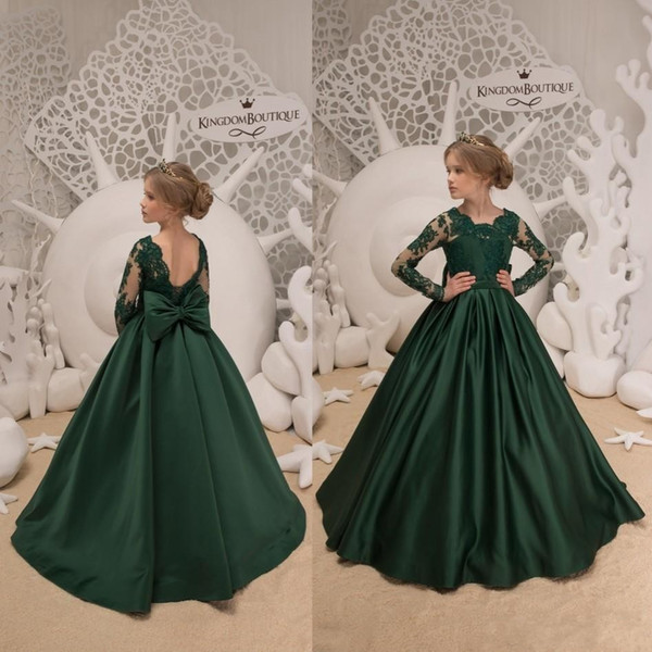 Adorable Dark Green Flower Girl Dresses Long Sleeve Bow Sash Floor Length A Line Girls Pageant Dresses Kids Formal Wear for Wedding