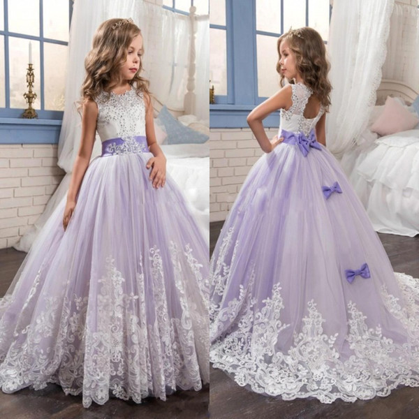 Beautiful Purple and White Flower Girls Dresses Beaded Lace Appliqued Bows Pageant Gowns for Kids Wedding Party BA4472